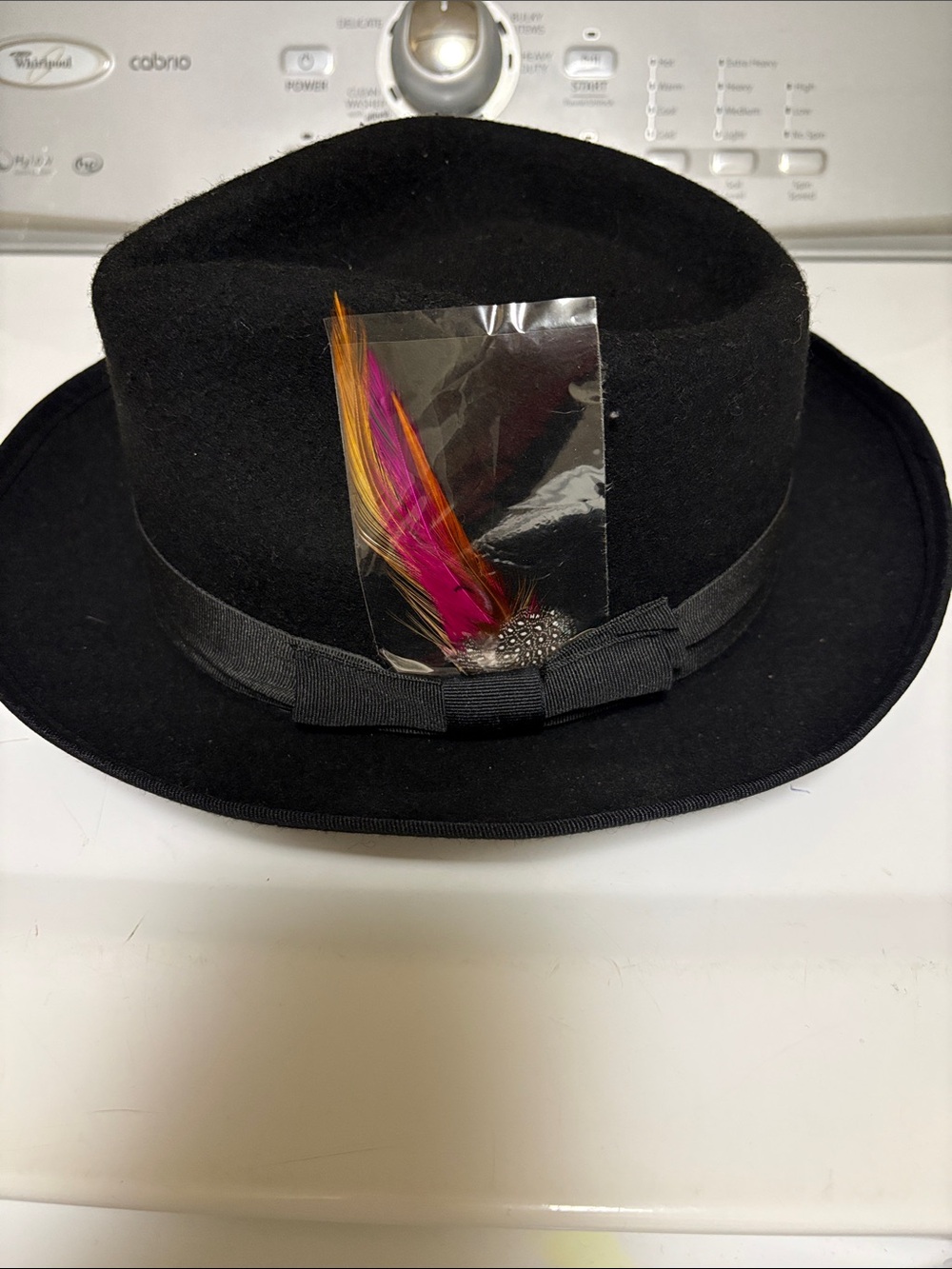 adidas Black Felt Fedora Hat with Pink and Orange Feather